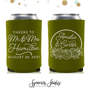 Cheers to The Mr and Mrs - Wedding Can Cooler #155R - Peonies -  Wedding Favors, Beer Can Holder, Beer Huggers, Wedding Favor, Beer Holder