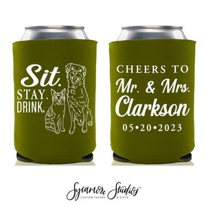 Custom Pet Illustration - Wedding Can Cooler #205R - Sit Stay Drink - Wedding Favors, Drink Holder, Wedding Favor, Can Holder, Can Coolers