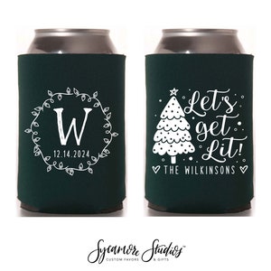 Let's Get Lit - Wedding Can Cooler #197R - Custom - Holiday Wedding Favors, Christmas Wedding, Beer Huggers, Wedding Favor, Beer Holder