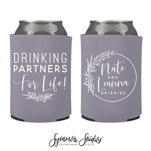 Wedding Can Cooler #157R - Drinking Partners For Life - Custom - Wedding Favors, Insulated, Beer Huggers, Wedding Favor, Beer Holder