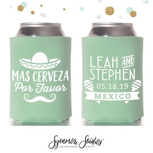 Wedding Can Cooler #117R - Mas Cerveza Por Favor - Personalized and Custom - Wedding Favors, Beverage Insulators,Beer Huggers, Wedding Favor