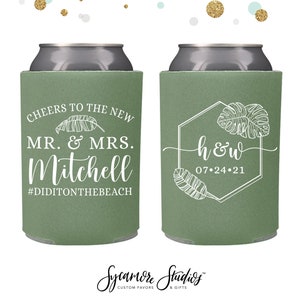 Wedding Can Cooler #167R - Cheers to The Mr and Mrs - Custom - Destination Wedding, Wedding Favors, Wedding Favor, Beer Holder, Tropical