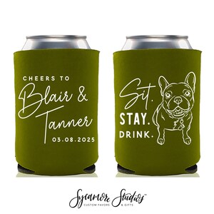 Wedding Can Cooler #236R - Custom Pet Illustration - Sit Stay Drink - Wedding Favors, Can Holder, Wedding Favor, Can Holder, Can Insulator