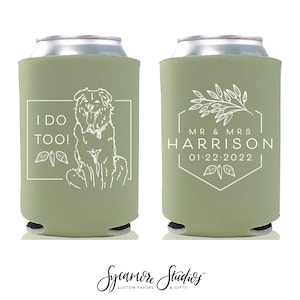 Wedding Can Cooler #188R - Custom Pet Illustration - Mr and Mrs - Wedding Favors, Beverage Holder, Wedding Favor, Can Holder, Can Insulator