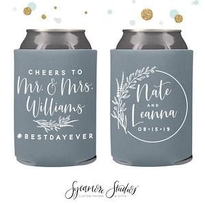 Cheers to The Mr and Mrs - Wedding Can Cooler #140R - Custom - Wedding Favors, Beverage Insulators, Beer Huggers, Wedding Favor, Beer Holder