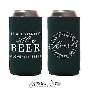 Slim 12oz Hochzeit Dosenkühler #209S - Alles begann mit einem Bier - Hochzeit Gastgeschenke, Getränke Isolatoren, Bier Huggers, Hochzeit, Bierhalter