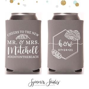 Cheers to The Mr and Mrs - Wedding Can Cooler #167R - Custom - Destination Wedding, Wedding Favors, Wedding Favor, Beer Holder, Tropical