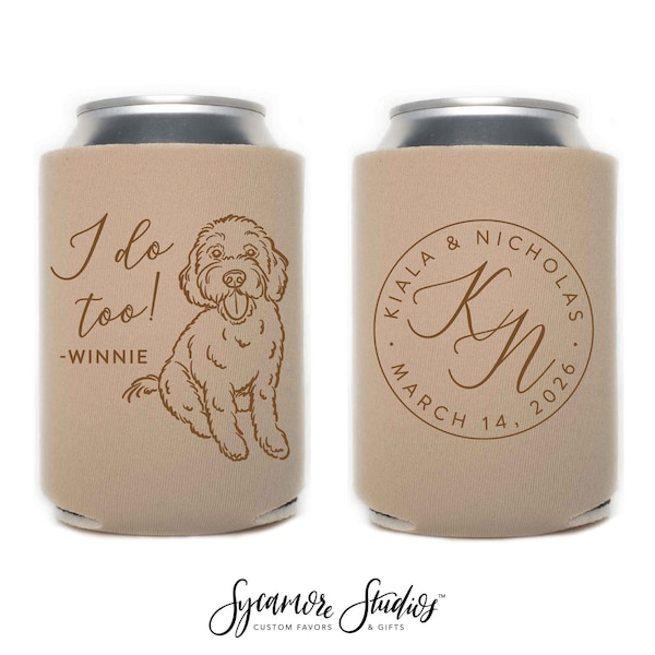 Wedding Can Cooler #234R - Custom Pet Illustration - Monogram - Wedding Favors, Beverage Holder, Wedding Favor, Can Holder, Can Insulator