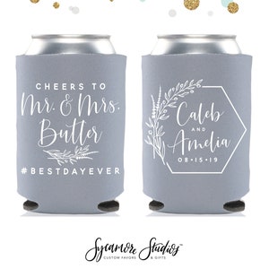 Cheers to The Mr and Mrs - Wedding Can Cooler #149R - Custom - Wedding Favors, Beverage Insulators, Beer Huggers, Wedding Favor, Beer Holder