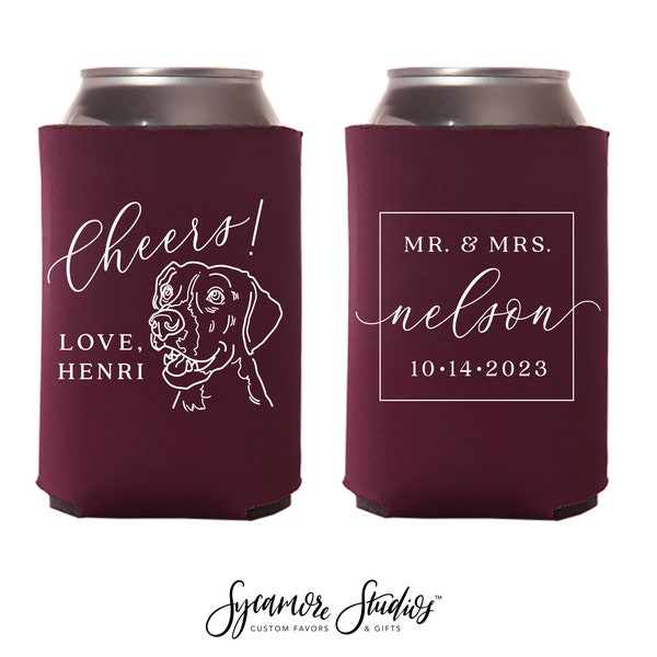 Custom Pet Illustration - Wedding Can Cooler #204R - Cheers - Wedding Favors, Beverage Holder, Wedding Favor, Can Holder, Can Insulator