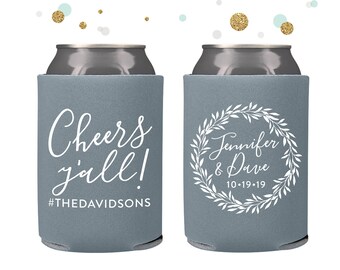 Monogram Wreath - Wedding Can Cooler #124R - Cheers Y'All - Personalized and Custom - Wedding Favors, Beverage Insulators, Beer Huggers