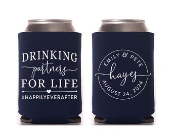 Wedding Can Cooler #153R - Drinking Partners For Life - Custom - Wedding Favors, Insulated, Beer Huggers, Wedding Favor, Beer Holder