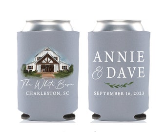 Wedding Can Cooler #4FR - Full Color - Custom Watercolor Venue - Venue Can Coolers, Wedding Favors, Beer Huggers, Wedding Favor, Beer Holder