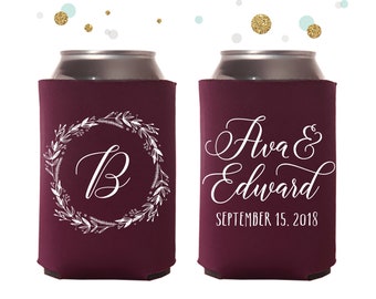 Monogram Wreath - Wedding Can Cooler #114R - Personalized and Custom - Wedding Favors, Beverage Insulators, Beer Huggers