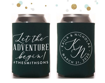 Let The Adventure Begin - Wedding Can Cooler #137R - Custom -  Wedding Favors, Beverage Insulators, Beer Huggers, Wedding Favor, Beer Holder