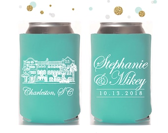 Rainbow Row - Wedding Can Cooler #78R - Custom -  Wedding Favors, Beverage Insulators, Beer Huggers