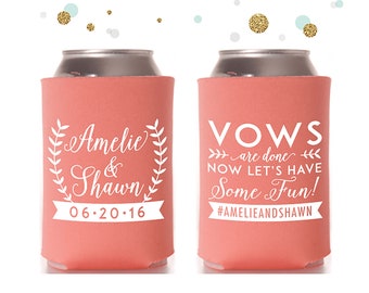 Vows are Done - Wedding Can Cooler #21R - Custom - Wreath - Bridal Wedding Favors, Beverage Insulators, Beer Huggers