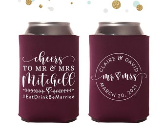 Cheers to The Mr and Mrs - Wedding Can Cooler #168R - Custom - Wedding Favors, Beverage Insulators, Beer Huggers, Wedding Favor, Beer Holder