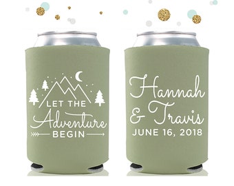 Let The Adventure Begin - Wedding Can Cooler #63R- Custom -  Wedding Favors, Beverage Insulators, Beer Huggers