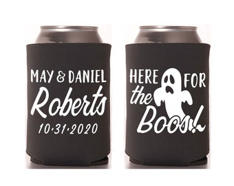 Wedding Can Cooler #177R - Here For The Boos - Custom - Halloween Wedding Favors, Insulated, Beer Huggers, Wedding Favor, Beer Holder