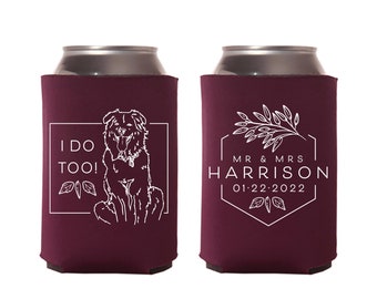 Custom Pet Illustration - Wedding Can Cooler #188R - Mr and Mrs - Wedding Favors, Beverage Holder, Wedding Favor, Can Holder, Can Insulator