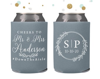 Cheers to The Mr and Mrs - Wedding Can Cooler #142R - Custom - Wedding Favors, Beverage Insulators, Beer Huggers, Wedding Favor, Beer Holder