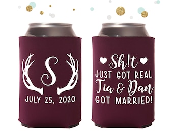 Wedding Can Cooler #125R - Sh!t Just Got Real - Antlers - Custom -  Wedding Favors, Beverage Insulators, Beer Huggers, Wedding Favor