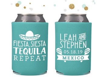 Wedding Can Cooler #116R - Fiesta Siesta Tequila Repeat - Personalized and Custom - Wedding Favors, Beverage Insulators, Beer Huggers