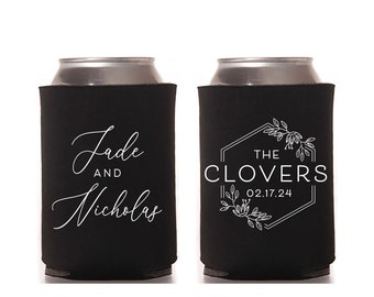 Floral Wreath Monogram  - Wedding Can Cooler #207R- Custom -  Wedding Favors, Beverage Insulators, Beer Huggers - Fall Wedding