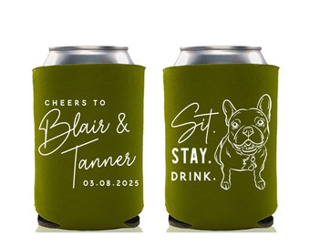 Wedding Can Cooler #236R - Custom Pet Illustration - Sit Stay Drink - Wedding Favors, Can Holder, Wedding Favor, Can Holder, Can Insulator