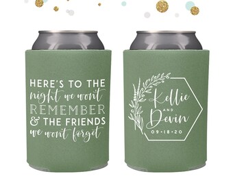 Here's To The Night - Wedding Can Cooler #173R - Custom - Wedding Favors, Can Insulators, Beer Huggers, Wedding Favor, Beer Holder, Party