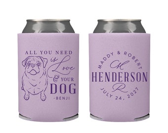 Wedding Can Cooler #247R - Custom Pet Illustration - All You Need is Love - Wedding Favors, Beverage Holder, Wedding Favor, Can Holder, Pet