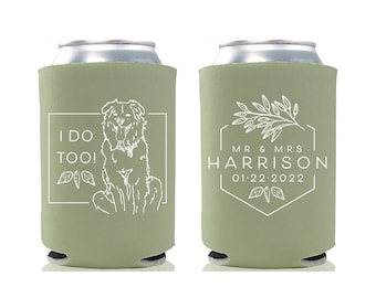 Wedding Can Cooler #188R - Custom Pet Illustration - Mr and Mrs - Wedding Favors, Beverage Holder, Wedding Favor, Can Holder, Can Insulator