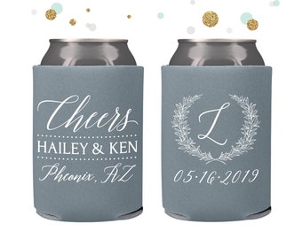 Wedding Can Cooler #120R - Monogram Wreath - Cheers - Custom - Bridal Wedding Favors, Beverage Insulators, Beer Huggers, Wedding Favor