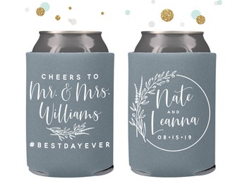 Cheers to The Mr and Mrs - Wedding Can Cooler #140R - Custom - Wedding Favors, Beverage Insulators, Beer Huggers, Wedding Favor, Beer Holder