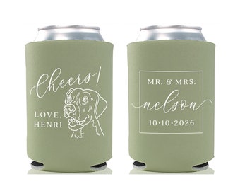 Enfriador de latas de boda #204R - Ilustración personalizada de mascotas - Saludos - Favores de boda, Titular de bebidas, Favor de boda, Titular de latas, Aislador de latas