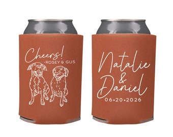 Wedding Can Cooler #213R - Custom Pet Illustration - Cheers - Wedding Favors, Beverage Holder, Wedding Favor, Can Holder, Can Insulator