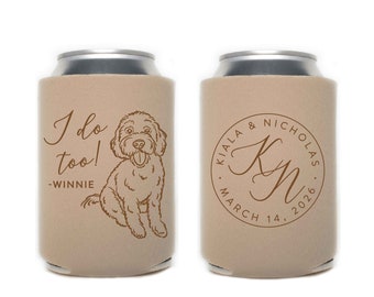 Wedding Can Cooler #234R - Custom Pet Illustration - Monogram - Wedding Favors, Beverage Holder, Wedding Favor, Can Holder, Can Insulator