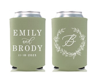 Floral Wreath Monogram  - Wedding Can Cooler #211R- Custom -  Wedding Favors, Beverage Insulators, Beer Huggers - Floral Wedding