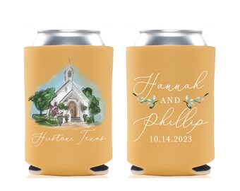 Wedding Can Cooler #9FR - Full Color - Custom Watercolor Venue - Venue Can Coolers, Wedding Favors, Beer Huggers, Wedding Favor, Beer Holder