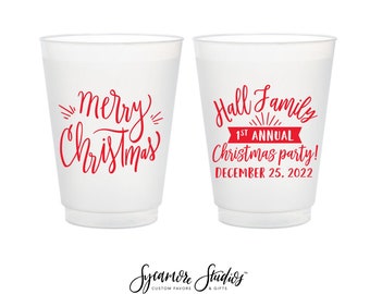 Merry Christmas - Family Party - 12oz or 16oz Frosted Unbreakable Plastic Cup #2 - Custom - Holiday Party Favors, Christmas Cups, Party Cups