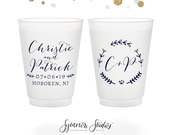 Wreath Monogram - 12oz or 16oz Frosted Unbreakable Plastic Cup #86 - Custom - Bridal Wedding Favors, Wedding Cups, Party Cups, Wedding Favor