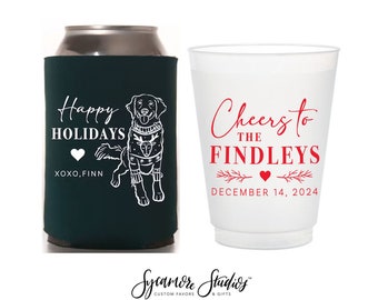 Can Cooler & Frosted Cup Package #217 - Custom Pet Drawing - Happy Holidays - Wedding Favor Pack, Wedding Favors, Wedding Cups, Pet Favors