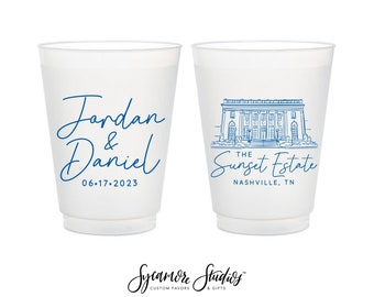 12oz or 16oz Frosted Unbreakable Plastic Cup #229 - Custom Venue Illustration - Wedding Favor, Wedding Cup, Party Cups, Party Favors