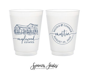 12oz or 16oz Frosted Unbreakable Plastic Cup #230 - Custom Venue Illustration - Wedding Favor, Wedding Cup, Party Cups, Favors, Venue Cups