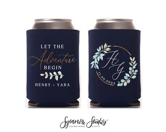 Wedding Can Cooler #13FR - Full Color - Let the Adventure Begin - Wedding Favors, Drink Holder, Wedding Favor, Can Holder, Beer Can Cooler