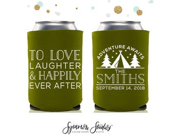 Adventure Awaits - Wedding Can Cooler #97R - Custom -  Wedding Favors, Beverage Insulators, Beer Huggers, Wedding Favor, Beer Coolers