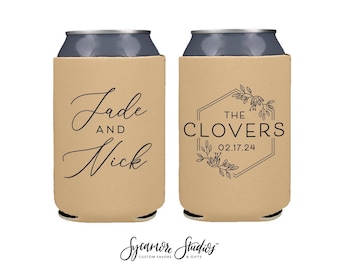 Floral Wreath Monogram - Neoprene Wedding Can Cooler #207N - Custom - Wedding Favors, Can Coolers, Wedding Favor, Beer Holder, Party Favor