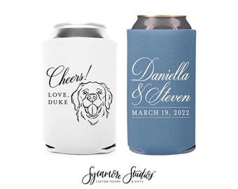 Custom Pet Illustration - Cheers - Regular & Slim Can Cooler Wedding Package #232RS - Wedding Favor Package, Wedding Favors, Can Holder