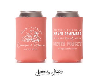 Tropical Wedding - Wedding Can Cooler #344R - Custom - Bridal Wedding Favors, Beverage Insulators, Beer Huggers, Beach Wedding, Monogram